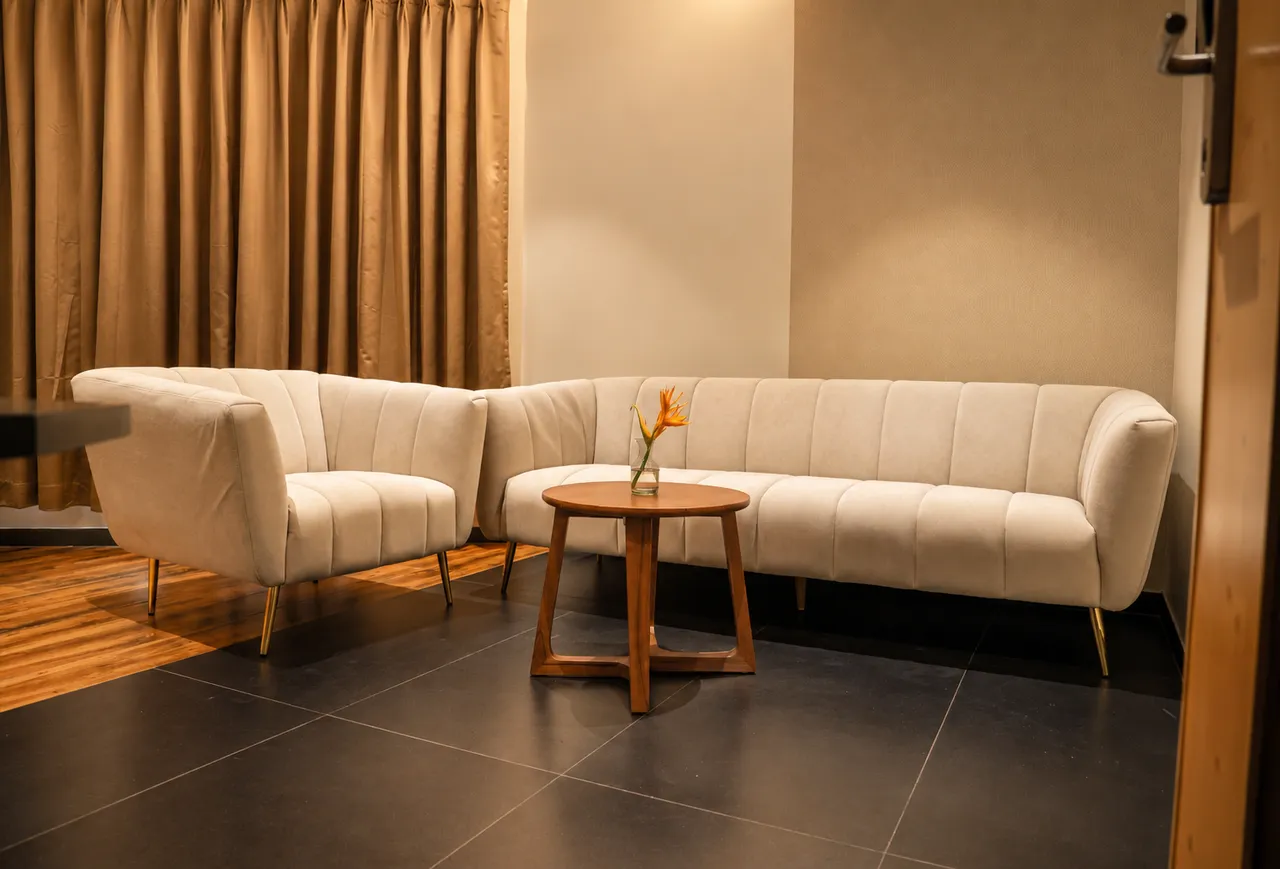 Expansive luxury suite living area with plush sofa lounge and modern decor at Radiant Vista